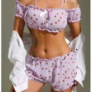 Strawberry Purple Off-Shoulder Crop Top*Shorts Lounge Sleep Set*Sissy*Femboy*NIP